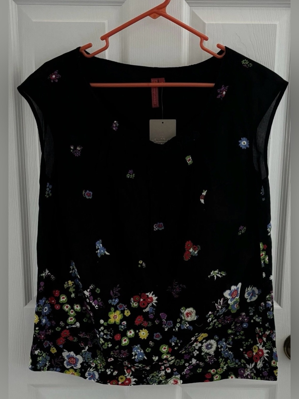 NWT Anthropologie Black Floral Sleeveless Cotton Blouse Top, Size M